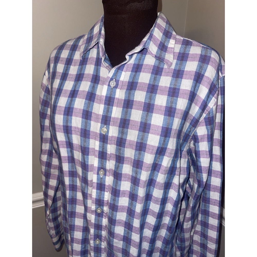 Banana Republic Plaid Purple Blue Linen Cotton Mens Shirt Medium Roll Sleeve